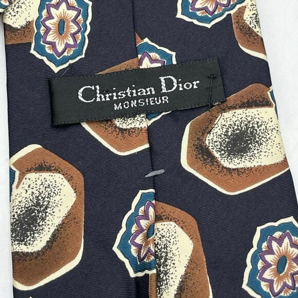 Christian Dior Monsieur Vintage Silk Blue Brown Cream Pointed Tie - Picture 5 of 7